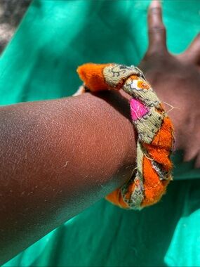 Handcrafted Orange and Pink Fabric Braided Bracelet